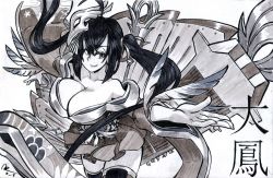 Rule 34 | 1girl, ahoge, alex ahad, azur lane, bare shoulders, breasts, cleavage, commentary, commission, english commentary, feather-trimmed sleeves, greyscale, highres, huge ahoge, huge breasts, japanese clothes, kimono, long hair, looking at viewer, marker (medium), mecha musume, monochrome, off shoulder, smile, solo, taihou (azur lane), thighhighs, traditional media, twintails, wide sleeves, zettai ryouiki