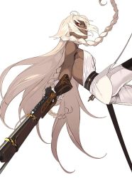 Rule 34 | 1girl, ahoge, backless outfit, braid, breasts, coat, fate/grand order, fate (series), gloves, glowing, glowing eyes, gun, lakshmibai (fate), long hair, looking at viewer, pako (pakosun), pants, parted lips, red eyes, rifle, saber (weapon), scabbard, sheath, side braid, sideboob, simple background, solo, sword, unsheathed, weapon, white background, white gloves, white hair