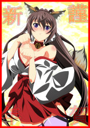Rule 34 | 10s, 1girl, animal ears, border, breasts, brown hair, cleavage, highres, infinite stratos, japanese clothes, ka2, long hair, miko, multiple girls, off shoulder, paw pose, ponytail, purple eyes, red border, shinonono houki, solo