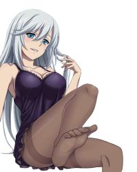 Rule 34 | 10s, 1girl, black dress, blue eyes, blush, breasts, cleavage, dress, feet, hair between eyes, twirling hair, la folia rihavein, large breasts, long hair, looking at viewer, no shoes, pantyhose, parted lips, short dress, sideboob, silver hair, sitting, sleeveless, sleeveless dress, smile, soles, solo, strike the blood, toes, transparent background