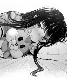 Rule 34 | absurdres, blush, closed mouth, greyscale, highres, holding, holding stuffed toy, inoue takina, kitaku (nakamachi machi), long hair, looking at viewer, lycoris recoil, lying, monochrome, on side, pillow, simple background, stuffed toy, white background