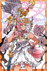 1girl animal_ears blue_eyes branch breasts cherry_blossoms choker cowboy_shot dress flower freckles hair_flower hair_ornament hand_on_own_hip hand_up heterochromia hijab holding holding_staff kafun long_hair looking_at_viewer multicolored_eyes orange_eyes original pink_hair purple_eyes slit_pupils small_breasts smile solo staff tail twintails v-shaped_eyebrows white_dress white_hijab