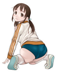 Rule 34 | 1girl, ass, brown eyes, brown hair, buruma, commentary request, from behind, full body, hair tie, jacket, kneeling, long hair, looking back, neyuki rei, original, photoshop (medium), revision, shoes, simple background, sneakers, socks, solo, track jacket, twintails, white background, white socks