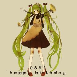 Rule 34 | 1girl, :p, apron, bad id, bad pixiv id, dress, flower, green eyes, green hair, hair ribbon, hairband, happy birthday, hatsune miku, headset, highres, long hair, matching hair/eyes, meisa, plant, plant roots, ribbon, shoes, solo, standing, tongue, tongue out, turtleneck, twintails, very long hair, vocaloid