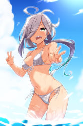 Rule 34 | 1girl, ahoge, alternate costume, asashimo (kancolle), bare arms, bare legs, bare shoulders, bikini, blue sky, blush, breasts, cloud, cowboy shot, day, double v, front-tie bikini top, front-tie top, green eyes, grey hair, hair over one eye, highres, kantai collection, long hair, looking at viewer, medium breasts, navel, one eye closed, open mouth, outdoors, ponytail, sharp teeth, side-tie bikini bottom, sky, smile, solo, standing, string bikini, swimsuit, teeth, v, w, wading, water, wet, white bikini, yoshi tama