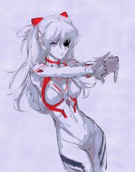 Rule 34 | 1girl, blue eyes, bodysuit, breasts, evangelion: 3.0+1.0 thrice upon a time, eyepatch, fujii eishun, hair between eyes, hair ornament, highres, light smile, long hair, looking at viewer, medium breasts, navel, neon genesis evangelion, outstretched arms, parted lips, plugsuit, rebuild of evangelion, red bodysuit, sketch, solo, souryuu asuka langley, spot color, stretching, two side up, unfinished, very long hair