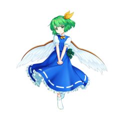 Rule 34 | 1girl, blue skirt, blue vest, closed mouth, daiyousei, embodiment of scarlet devil, fairy wings, full body, game cg, green eyes, green hair, hair ribbon, highres, looking at viewer, one side up, own hands together, ribbon, ribbon-trimmed skirt, ribbon trim, rotte (1109), shirt, short sleeves, simple background, skirt, smile, socks, solo, third-party source, touhou, touhou lostword, v arms, vest, white background, white shirt, white socks, white wings, wings, yellow ribbon