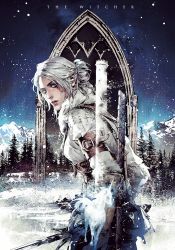 Rule 34 | 1girl, ciri, forest, from behind, green eyes, hair bun, long hair, mountain, nature, official art, scar, single hair bun, snow, snowing, solo, sword, the witcher (series), the witcher 3, unicorn, weapon, white hair, xiling