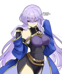 Rule 34 | 1girl, alternate costume, bare shoulders, belt, blue cape, breasts, cape, corruption, dark persona, evil smile, facial mark, fire emblem, fire emblem: genealogy of the holy war, forehead mark, forehead tattoo, intelligent systems, julia (fire emblem), large breasts, lipstick, long hair, loptous (fire emblem), makeup, nintendo, one eye closed, possessed, possession, purple hair, purple lips, red eyes, simple background, smile, solo, very long hair, yukia (firstaid0)