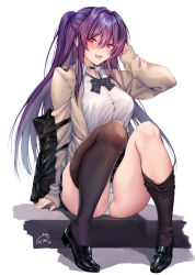 Rule 34 | 1girl, artist name, ass, bag, beige jacket, black footwear, black thighhighs, bow, breasts, commentary request, copyright request, green bow, highres, jacket, large breasts, long hair, obiwan, open mouth, purple hair, red eyes, school uniform, shirt, shoes, simple background, sitting, solo, thighhighs, uniform, white background, white shirt