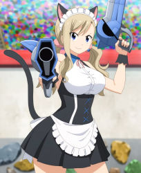 Rule 34 | 1girl, animal ears, anime screenshot, apron, blonde hair, blue eyes, breasts, cat ears, cat tail, dual wielding, eden&#039;s zero, gun, highres, holding, large breasts, maid, maid headdress, rebecca bluegarden, stitched, tail, third-party edit, twintails, waist apron, weapon