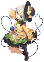 Rule 34 | 1girl, :d, black hat, black socks, bow, brown footwear, collar, floral print, frilled collar, frilled skirt, frilled sleeves, frills, full body, green eyes, green skirt, hat, heart, heart of string, highres, kikugetsu, komeiji koishi, long sleeves, open mouth, outstretched arms, rose print, shirt, shoes, short hair, silver hair, simple background, skirt, smile, socks, solo, third eye, touhou, white background, wide sleeves, yellow bow, yellow shirt
