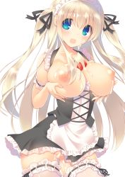 Rule 34 | blonde hair, blue eyes, blush, breasts, cleavage, cream, dress, food, frilled dress, frills, fruit, highres, large breasts, long hair, looking at viewer, maid, maid headdress, mutsuno hekisa, nipples, open mouth, original, sleeveless, solo, strawberry, thighhighs, twintails