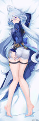 Rule 34 | 1girl, absurdres, ahoge, ass, bare legs, barefoot, blue eyes, blue hair, blue jacket, blush, breasts, commentary request, furina (genshin impact), genshin impact, highres, jacket, lengyu tk, long sleeves, lying, medium breasts, parted lips, purple eyes, short shorts, shorts, solo, thigh strap, thighs, white shorts
