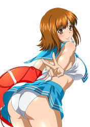 Rule 34 | 00s, 1girl, artist request, ass, ato (ikkitousen), breasts, brown eyes, brown hair, cowboy shot, crop top, earrings, female focus, holding, ikkitousen, jewelry, large breasts, looking at viewer, looking back, midriff, miniskirt, official art, outstretched arm, panties, sailor collar, shiny skin, short hair, simple background, skirt, smile, solo, underwear, v, white background, white panties