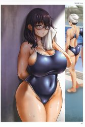 Rule 34 | 2girls, absurdres, ass, blue one-piece swimsuit, blush, breasts, brown eyes, brown hair, cameltoe, cleavage, covered navel, curvy, freckles, glasses, highres, huge breasts, lips, long hair, looking at viewer, multiple girls, neroma shin, one-piece swimsuit, pool, school swimsuit, semi-rimless eyewear, shiny skin, solo focus, standing, swimsuit, thick thighs, thighs, toranoana, under-rim eyewear, wet, wide hips