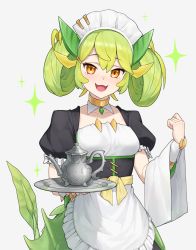 Rule 34 | 1girl, allen.n, apron, choker, dragon girl, dragon horns, dragonmaid (yu-gi-oh!), duel monster, green eyes, highres, holding, horns, maid, maid apron, open mouth, orange eyes, parlor dragonmaid, puffy sleeves, slit pupils, tail, teapot, twintails, wings, yu-gi-oh!