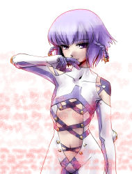 Rule 34 | 1girl, ar tonelico, ar tonelico iii, bodysuit, braid, clothing cutout, covered collarbone, female focus, flat chest, gust, hair ornament, hand to own mouth, hymmnos, kamotama, navel, purple eyes, purple hair, short hair, shoulder cutout, side braids, skin tight, solo, tilia (ar tonelico), twin braids, white background