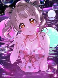 1girl absurdres brown_hair dated happy_birthday head_tilt highres kyaku_tasu long_hair looking_at_viewer love_live! love_live!_school_idol_project minami_kotori open_mouth outdoors solo swimsuit