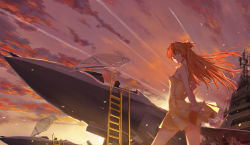 Rule 34 | 1girl, absurdres, aircraft, airplane, bare shoulders, battleship, blue eyes, dawn, dress, grin, hair ornament, hairclip, highres, jet, ladder, looking at viewer, looking back, military, military vehicle, neon genesis evangelion, orange hair, red sky, ship, sky, smile, solo, souryuu asuka langley, standing, upskirt, warship, watercraft, wind, yellow dress