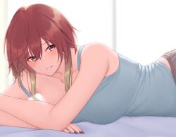 Rule 34 | 1girl, aketa mikoto, bed sheet, blush, breasts, brown hair, camisole, collarbone, crossed arms, gradient hair, green camisole, idolmaster, idolmaster shiny colors, kirou (kiruyuu1210), large breasts, looking at viewer, lying, multicolored hair, on side, smile, solo, strap slip, upper body