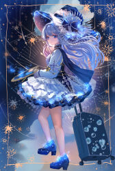 Rule 34 | 1girl, bare legs, black cape, blue eyes, blue footwear, blue hat, blue theme, blush, boots, cape, dress, frilled dress, frills, from side, full body, glowing, grey hair, hat, high heel boots, high heels, highres, holding, holding palette, holding suitcase, komorihikki, light particles, long bangs, long hair, long sleeves, looking at viewer, original, outside border, paintbrush, palette (object), parted lips, sidelocks, sky, solo, star (sky), starry sky, suitcase, white dress, witch, witch hat