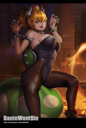 Rule 34 | 1girl, alternate costume, armlet, armpits, bare shoulders, black footwear, black nails, black pantyhose, blonde hair, blue eyes, bowsette, bracelet, breasts, breasts apart, cleavage, collar, covered erect nipples, covered navel, crown, curvy, dantewontdie, earrings, eyelashes, fingernails, from side, hair between eyes, half-closed eyes, hip focus, horns, indoors, jewelry, large breasts, legs, leotard, long fingernails, long hair, looking at viewer, mario (series), nail polish, new super mario bros. u deluxe, nintendo, open mouth, pantyhose, parted bangs, patreon username, playboy bunny, pointy ears, ponytail, sideboob, sitting, skindentation, solo, spiked armlet, spiked bracelet, spiked collar, spikes, spread legs, standing, super crown, thighs, tongue, tongue out, watermark, web address