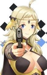 Rule 34 | 1girl, absurdres, ahoge, aiming, aiming at viewer, blonde hair, blue eyes, breasts, closed mouth, commission, fire emblem, fire emblem fates, gun, handgun, highres, holding, holding weapon, igni tion, looking at viewer, medium breasts, nintendo, ophelia (fire emblem), solo, upper body, weapon