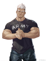 Rule 34 | 1boy, army, bara, clothes writing, feet out of frame, forked eyebrows, frown, head tilt, highres, large pectorals, looking at viewer, male focus, mature male, muscular, muscular male, original, own hands together, pectorals, selkiro, shirt, solo, standing, t-shirt, thick eyebrows, undercut, veins, veiny arms