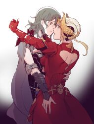 Rule 34 | 2girls, armor, back cutout, breasts, byleth (female) (fire emblem), byleth (fire emblem), cape, clothing cutout, cowboy shot, draw raya, dress, edelgard von hresvelg, fake horns, fire emblem, fire emblem: three houses, green hair, grey cape, hand on another&#039;s back, hand on another&#039;s hip, horns, light blush, long hair, looking at another, medium breasts, multiple girls, nintendo, open mouth, parted lips, red dress, white hair, yuri