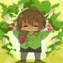 Rule 34 | 1girl, black skirt, blush, braid, brown hair, buttons, chibi, closed mouth, double-breasted, explosion, facing viewer, green background, green jacket, green theme, grey pantyhose, hair flaps, hair ornament, hair over shoulder, hair scrunchie, hands up, holding, idolmaster, idolmaster cinderella girls, jacket, long sleeves, miniskirt, pantyhose, scrunchie, senkawa chihiro, single braid, skirt, smile, solo, standing, takato kurosuke