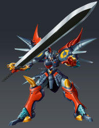 Rule 34 | commentary, dygenguar, english commentary, gio tengco, glowing, glowing eyes, grey background, highres, holding, holding sword, holding weapon, looking down, mecha, no humans, open hand, orange eyes, robot, science fiction, solo, super robot, super robot wars, super robot wars original generation, sword, weapon