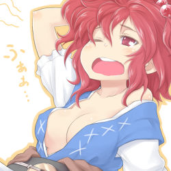 Rule 34 | 1girl, breasts, cleavage, female focus, hair bobbles, hair ornament, medium breasts, myonde, one eye closed, onozuka komachi, open mouth, red eyes, red hair, sleepy, solo, touhou, twintails, two side up, white background, wink, yawning