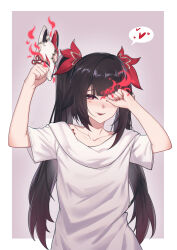 Rule 34 | 1girl, :d, absurdres, arms up, black hair, blunt bangs, border, bwcloud, collarbone, commentary request, cosplay, fox mask, heart, highres, holding, holding mask, honkai: star rail, honkai (series), long hair, looking at viewer, mask, open mouth, pink eyes, shirt, short sleeves, sidelocks, smile, solo, sparkle (honkai: star rail), spoken heart, stelle (honkai: star rail), stelle (honkai: star rail) (cosplay), trailblazer (honkai: star rail), twintails, upper body, very long hair, white border, white shirt