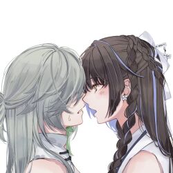 Rule 34 | 2girls, black hair, blue eyes, blue hair, blush, china dress, chinese clothes, dress, earrings, face-to-face, female focus, fu hua, grey hair, hair over eyes, hair over one eye, hanfu, highres, honkai (series), honkai impact 3rd, imminent kiss, jewelry, light blush, lin zhaoyu, long hair, looking at another, multicolored hair, multiple girls, official alternate costume, open mouth, par sato, ribbon, simple background, single earring, streaked hair, sweat, sweatdrop, tassel, tassel earrings, wedding dress, white background, white dress, white hanfu, white ribbon, yellow background, yuri