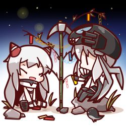 Rule 34 | 10s, 2girls, ^ ^, abyssal ship, airfield princess, bamboo, chibi, closed eyes, closed eyes, hat, highres, holding, horns, i-class destroyer, kantai collection, kuchiku i-kyuu, light particles, long hair, multiple girls, nuu (nu-nyu), open mouth, pale skin, sharp teeth, short hair, silver hair, sitting, sky, smile, star (sky), starry sky, stone, tanabata, tanzaku, teeth, tentacles, turret, wo-class aircraft carrier, | |