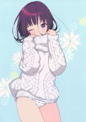 Rule 34 | 1girl, absurdres, aran sweater, blue background, blue eyes, cable knit, gin (oyoyo), highres, morikura en, no pants, one eye closed, original, panties, purple hair, solo, striped clothes, striped panties, sweater, underwear, white sweater