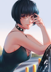 Rule 34 | absurdres, bare shoulders, blue dress, blue hair, blue sky, blueriest, blunt bangs, breasts, brown eyes, choker, cleavage, dress, grass, highres, jewelry, large breasts, leaning on object, necklace, outdoors, persona, persona 5, road, short hair, sky, solo, spiked choker, spikes, takemi tae