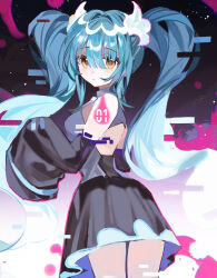 Rule 34 | 1girl, absurdres, ass, back cutout, black background, black skirt, black sleeves, blue hair, blunt bangs, breasts, circlet, closed mouth, clothing cutout, collared shirt, creatures (company), detached sleeves, expressionless, eyelashes, fire, from behind, game freak, ghost miku (project voltage), ghost pose, glitch, gradient background, gradient hair, grey shirt, hair between eyes, hatsune miku, high collar, highres, long hair, long sleeves, looking at viewer, medium breasts, miniskirt, multicolored hair, nintendo, number tattoo, pink fire, pokemon, project voltage, shi maomaosha, shirt, shoulder tattoo, sideboob, skirt, sleeveless, sleeveless shirt, solo, tattoo, very long hair, vocaloid, white background, wide sleeves, yellow eyes