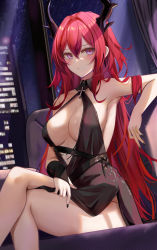 Rule 34 | 1girl, arknights, armpits, bare arms, bare shoulders, black dress, black nails, breasts, center opening, cleavage, closed mouth, cocktail dress, crossed legs, dress, hair between eyes, halter dress, halterneck, highres, horns, long hair, looking at viewer, medium breasts, nail polish, no bra, purple eyes, red hair, resolution mismatch, ru zhai, side slit, sitting, sleeveless, sleeveless dress, slit pupils, solo, source larger, surtr (arknights), thighs, very long hair, wing collar