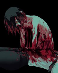 Rule 34 | 2girls, black background, black hair, black necktie, black pants, blood, blood in hair, blood on clothes, blood on face, chainsaw man, claireiosity, collared shirt, corpse, dark background, death, guro, hair over one eye, highres, hunched over, looking at viewer, makima (chainsaw man), multiple girls, nayuta (chainsaw man), necktie, nude, pants, reincarnation, ringed eyes, shirt, shirt tucked in, short hair, simple background, white shirt, yellow eyes