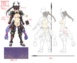 1girl antlers armor ass backboob beads bikini bikini_armor black_armor black_gloves black_mask black_thighhighs blush body_blush breasts brown_hair butt_crack character_sheet cleavage clenched_hands closed_mouth concept_art emblem fake_antlers floral_print from_behind front-tie_bikini_top front-tie_top full_body gloves glowing glowing_eyes gold_trim hair_beads hair_ornament highres holding holding_polearm holding_weapon horned_mask horns japanese_armor kote kurokote kusazuri large_breasts linea_alba long_hair looking_at_viewer mask median_furrow micro_bikini multiple_views murakumo_(senran_kagura) navel notes official_alternate_costume official_art okobo pauldrons polearm production_art red_armor red_mask revealing_clothes sandals senran_kagura senran_kagura_new_link senran_kagura_shinovi_versus shiny_skin shoulder_armor shoulder_blades shrug_(clothing) side_ponytail sideboob simple_background sode spear standing string_bikini suneate swimsuit tassel thighhighs turnaround two-tone_mask underboob weapon white_background white_bikini yaegashi_nan yari