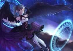 Rule 34 | 10s, 1girl, argyle, argyle clothes, argyle legwear, armpits, asymmetrical gloves, bare shoulders, black gloves, black wings, bow, cloud, corset, dress, drill hair, elbow gloves, feathered wings, frilled dress, frills, gloves, hair bow, hand on own head, highres, idolmaster, idolmaster cinderella girls, kanzaki ranko, light particles, long hair, magic circle, matsuharu (lip-mil), mismatched gloves, open mouth, pantyhose, red eyes, ribbon trim, sidelocks, silver hair, sky, smile, solo, star (sky), starry sky, swept bangs, twin drills, twintails, unmoving pattern, white gloves, white pantyhose, wings