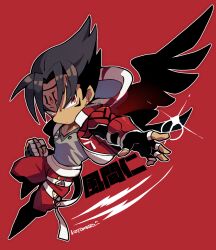 Rule 34 | 1boy, belt, black gloves, black hair, black wings, clenched hand, closed mouth, devil jin, fingerless gloves, forehead jewel, glint, gloves, grey shirt, highres, jacket, kazama jin, kotorai, looking to the side, male focus, outline, outstretched arm, pants, red background, red eyes, red jacket, red pants, shirt, simple background, solo, tekken, thigh belt, thigh strap, translation request, white belt, white outline, wings