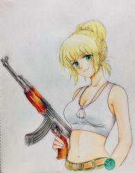 Rule 34 | 1girl, ak-47, artist logo, assault rifle, belt, blonde hair, breasts, brown belt, cleavage, closed mouth, colored pencil (medium), contemporary, dog tags, green eyes, gun, hair up, half updo, holding, holding gun, holding weapon, kalashnikov rifle, looking at viewer, medium breasts, mizuhashi parsee, navel, pointy ears, q-bee (aaru), rifle, short hair, smile, solo, sports bra, standing, texture, traditional media, upper body, weapon, white sports bra