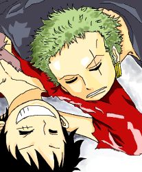 Rule 34 | 2boys, black hair, earrings, closed eyes, green hair, jewelry, long sleeves, monkey d. luffy, multiple boys, one-eyed, one piece, open clothes, open shirt, red shirt, roronoa zoro, scar, shirt, sleeping, smile