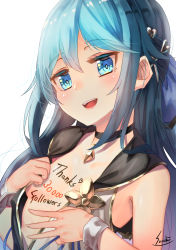 Rule 34 | 1girl, :d, bad id, bad pixiv id, bare shoulders, black choker, blue eyes, blue hair, blue ribbon, blush, breasts, choker, convenient censoring, fingernails, hair between eyes, hair ornament, hair ribbon, head tilt, heart, highres, lips, long hair, looking at viewer, milestone celebration, multicolored shirt, open clothes, open mouth, open shirt, original, ribbon, saraki, shirt, signature, sleeveless, sleeveless shirt, small breasts, smile, solo, teeth, thank you, upper teeth only, very long hair, wrist cuffs