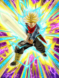 Rule 34 | angry, aura, blonde hair, dokkan battle, dragon ball, dragon ball super, energy, energy sword, fighting stance, green eyes, highres, lightning, looking at viewer, official art, spiked hair, super saiyan rage, sword, tagme, trunks (dragon ball), trunks (future) (dragon ball), weapon