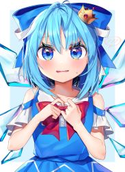 Rule 34 | 1girl, adapted costume, arms up, bare shoulders, blue background, blue dress, blue eyes, blue hair, blush, bow, bowtie, cirno, collarbone, commentary request, crown, dress, embarrassed, grimace, gunjou row, hair ribbon, hands on own chest, highres, looking at viewer, mini crown, parted lips, partial commentary, pinafore dress, raglan sleeves, red bow, red bowtie, ribbon, short hair, simple background, sleeveless dress, solo, spoken blush, standing, sweatdrop, touhou, upper body, wavy mouth, wings