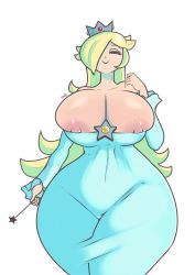 Rule 34 | 1girl, absurdres, areola slip, blonde hair, blue dress, blue eyes, breasts, breasts out, closed mouth, collarbone, crown, dedalo, dress, female focus, hair over one eye, half-closed eyes, highres, huge breasts, large breasts, long hair, looking at viewer, mario (series), nintendo, nipples, robe, rosalina, simple background, smile, solo, star (symbol), super mario galaxy, wand, white background